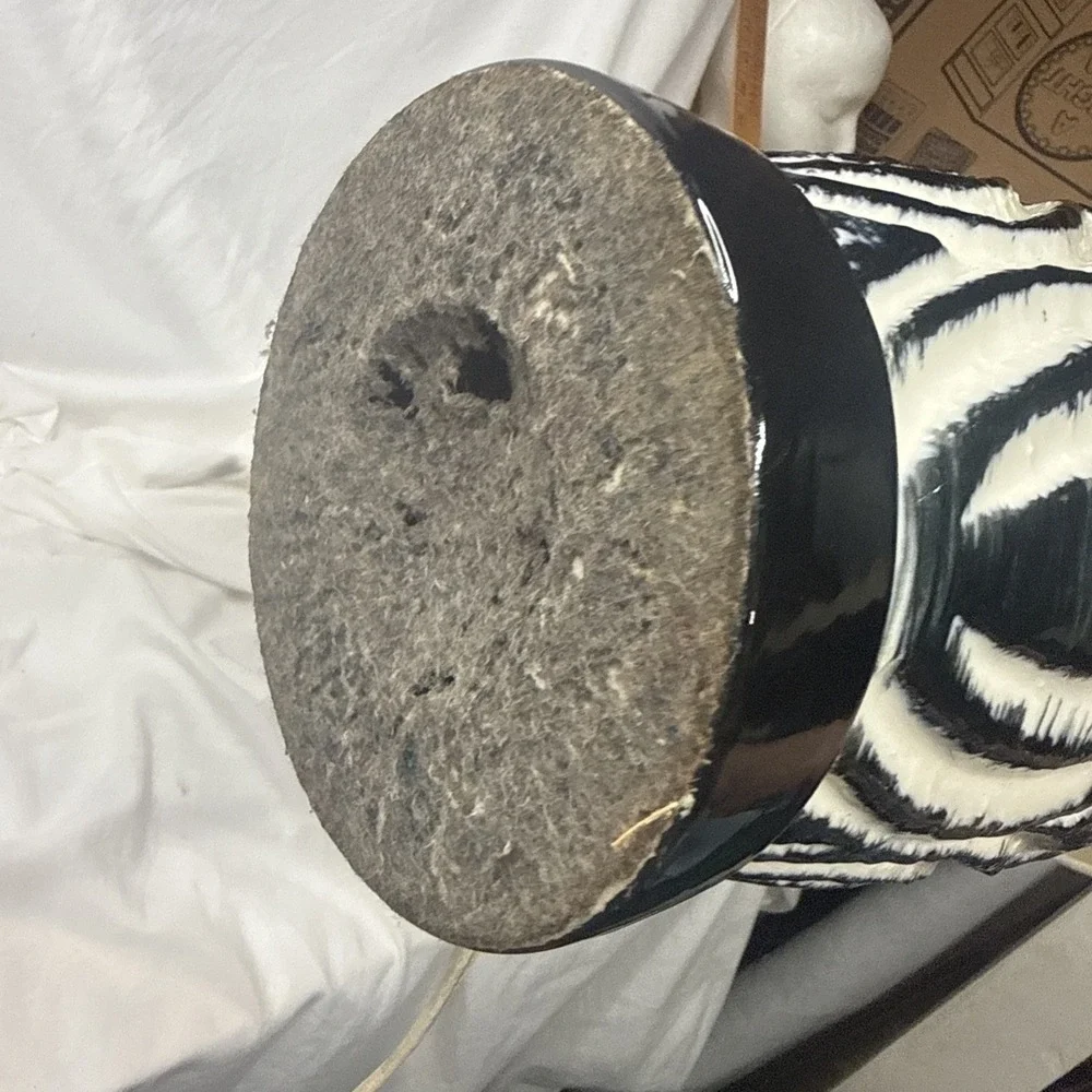 VTG MCM Pottery Lamp Geometric Textured Blue Black White Groovy Design Wood Neck